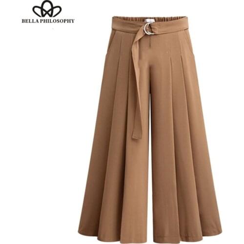 Bella Philosophy 2019 Spring elegant Solid loose Causal Women Pants Pleated Wide Leg Pants Plus Size Female Sashes Trousers