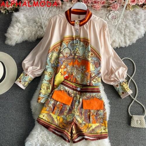 ALPHALMODA 2021 New Retro Style Suit Womens Court Style Printed Blouse Shirt + Shorts Women 2pcs Fashion Suit