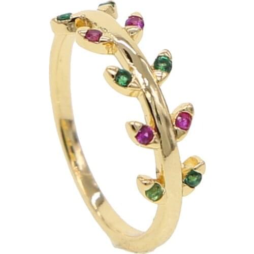 2020 New Spring Fashion Jewelry Green Red Cz Paved Leaves Ring Personality Female Flower Rings Gold Wedding Rings For Women Gift