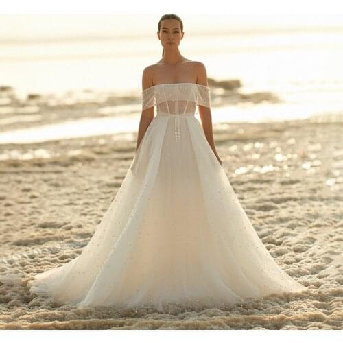 Vestido De Noiva 2021 Champagne Boat Neck Off The Shoulder Princess A Line Beaded Tulle Beach Wedding Dress Robe De Mariee