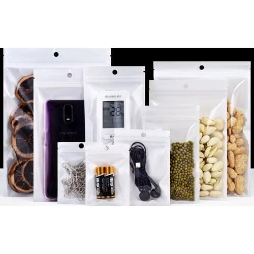 100Pcs White/Clear Self Sealing Resealable Zipper Poly Storage Bags Food Small Parts Plastic Retail Packaging Bags Pack