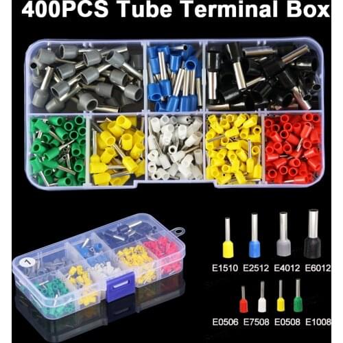 400pcs/box AWG22-10 0.5-6mm2 Tube Terminal Kit Set Insulated Tubular Wire Crimp Connector E6012 E1008 E1510 E7508 E0508 E0506
