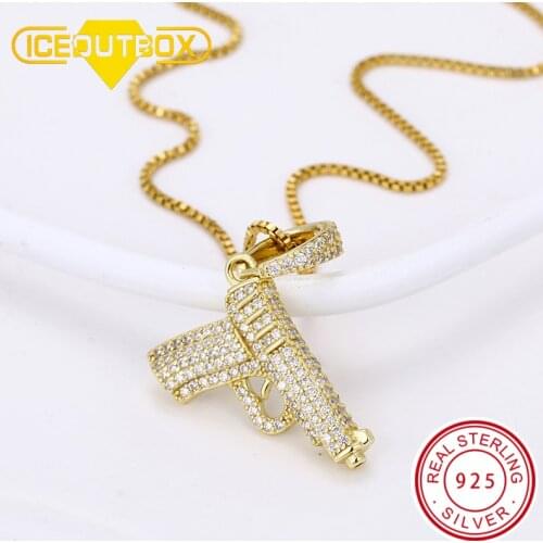 ICEOUTBOX 925 Sterling Silver Glittering Pistol Pendant Iced Out Zircon Necklace Fashion Charm Hip Hop Woman Pendant Jewelry