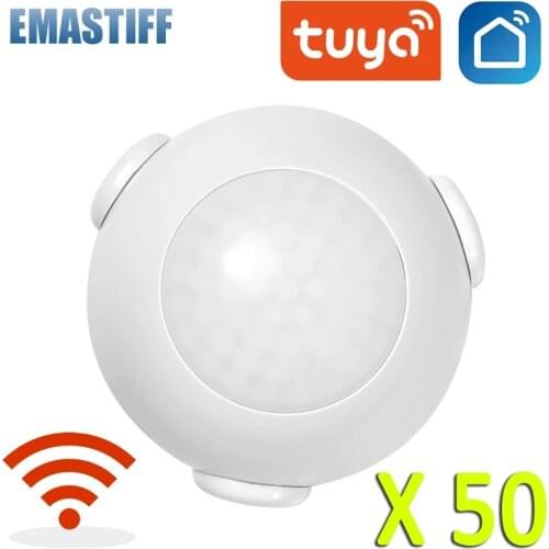 50pcs Tuya Mini WIFI PIR Motion Sensor Human Body Sensor Wireless Infrared Detector built-in battery Hole-free installation