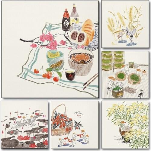 New Chinese Style Barley Harvest Litchi Landscape Painting Works Special Poster Wall Art Picture Living Room Decoration