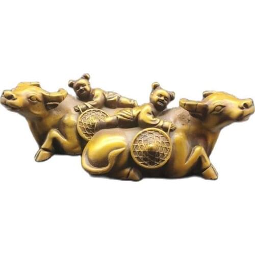 Chinese copper bronze ware Brass carving shepherd boy herding cattle Geomancy fengshui statue Office home decoration a pair 951g