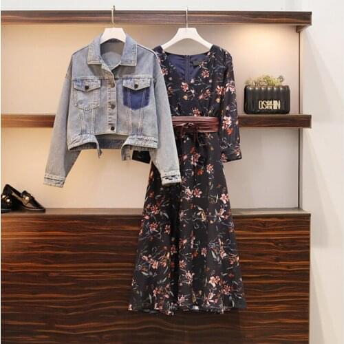 Fashion Denim Jacket + Printed Dress Set 2021 Spring Womens New Waist Thin Western Style Denim Jacket Dress Two-piece Set s102