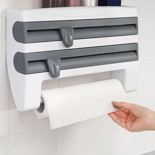 Kitchen Wall Mounted Storage Shelf Multi-function Roll Paper Towel Holder Rack Cling Film Slicing Tool