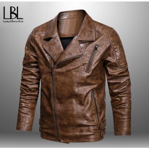 New Men Fashion Motorcycle Leather Jacket Pocket Leather Coat Man Lined Jacket Slim Street Biker Coat Zipper Male Leather Jacket