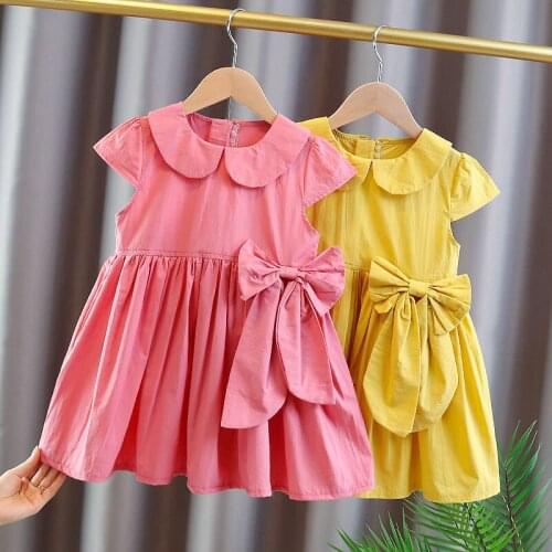 Summer Dresses For Child 2021 New Cute Girls Doll Collar Bowknot Solid Color Princess Dress 2-6 Years Casual Kids Clothes