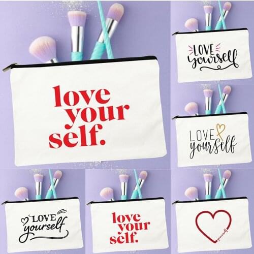 Love Yourself Print Multifunction Travel Makeup Bag Women Cosmetic Case Toiletries Organizer Pouch Female Make Up Storage Clutch