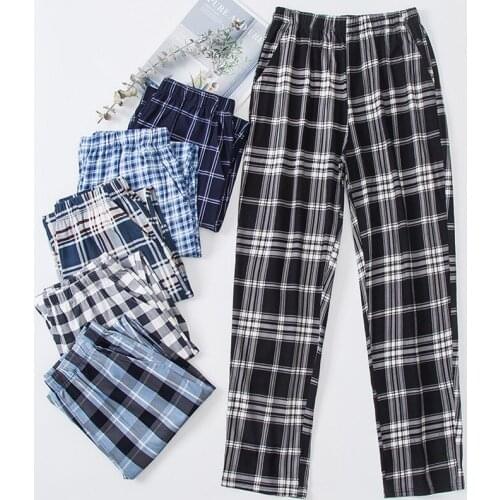 Men Plaid Pajama Sleepwear Pants Mens Sleep Bottoms Casual Home Trousers Soft Thin 100% Cotton Pajamas Pants Plus Size 4XL