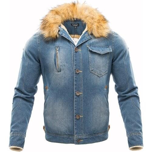 2020 hot sale New Mens Winter Ripped Denim retro Jacket Fleece Lined Thick Thermal Distressed Jean Jackets Fur Collar Coats 4XL