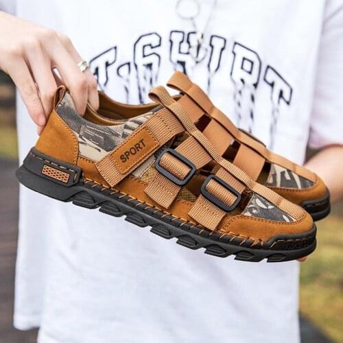 2021 Men Outdoor Sport Sneakers Male Training Driving Office Dress Beach Sandals Velcro Comfy Leather Mens Walking Summer Shoes