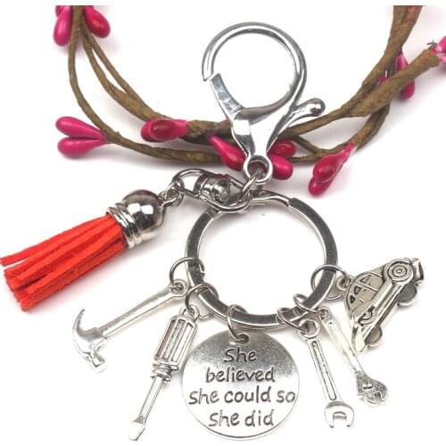 Hot Fashion Car Repair Kit Mini Wrench Steel Ruler Hacksaw Car Color Tassel Pendant Keychain Dad Holiday Gift Souvenir Key Chain