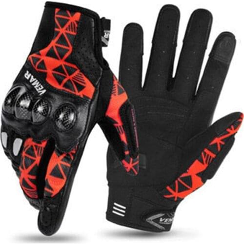 Summer Motorcycle Leather Gloves Breathable Gloves Motocross Motorbike Carbon Fiber Guantes Moto Riding Touch Screen Red Gloves