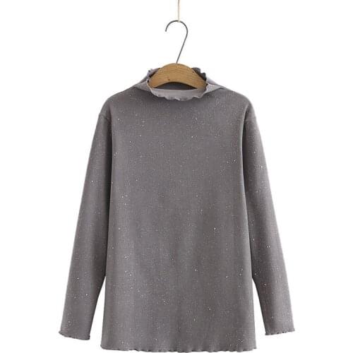 Plus Size XL-4XL Long Sleeved Womens High Collar Shirts Large Size Casual Tops with Glitters