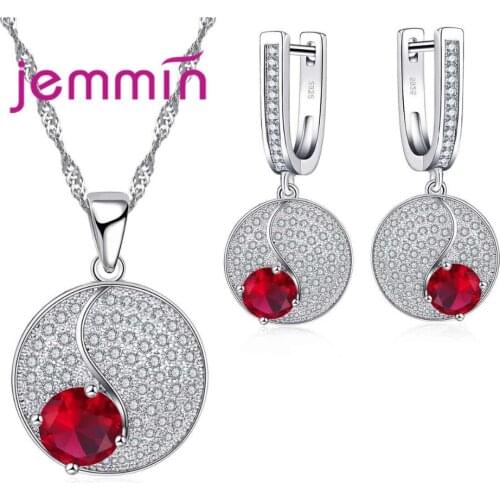 Luxury Women Round 925 Sterling Silver Jewelry Sets Paved White and Red Rhinestone Necklace Earrings for Women