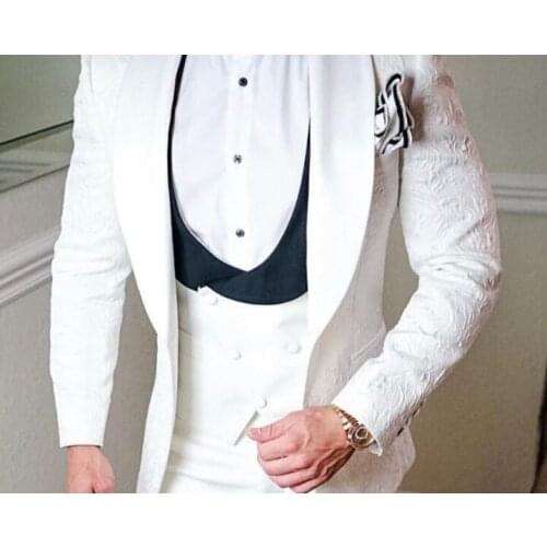 Ivory Paisley Groom Tuxedos Shawl Collar Men Prom Business Suit 3 pieces Party Clothes (Jacket+Pants+Vest+Tie) NO:274