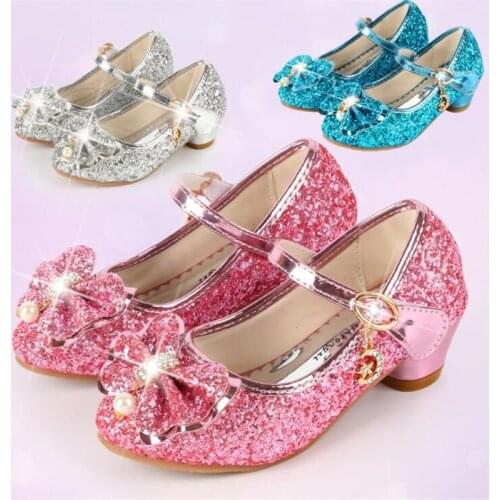 High Quality Princess Kids Leather Shoes For Girls Flower Casual Glitter Children High Heel Girls Shoes Butterfly Knot Blue Pink