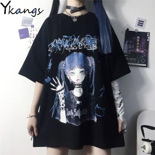 Gothic Anime Print Clothes Kpop Summer Oversized T-shirt Female Aesthetic Emo Blouse Plus Size Harajuku Korean Style Top Women