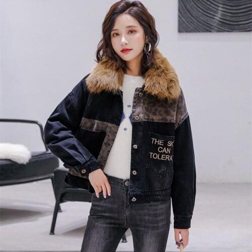 Short Denim Jacket Women Spring Autumn Thicken lambswool Outerwear Plus size Casual Top Student Fur collar Loose Jean Coat KW152