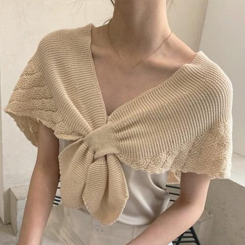 Women Spring Crochet Shawl Wrap Knitted Fish Scales Solid Color Fake Collar Poncho Tie Knot Front Vintage Cape Scarf