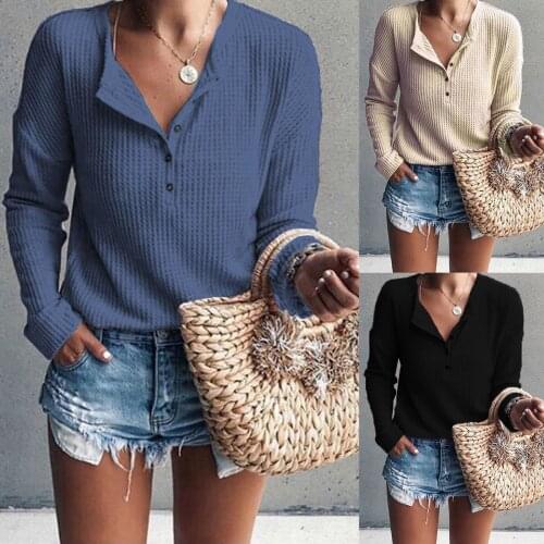 Womens V Neck Shirts 2021 Autumn Winter Blouse NEW Fashion Knit Tunic Tops Loose Long Sleeve Button Up Ladies Tops Pullover