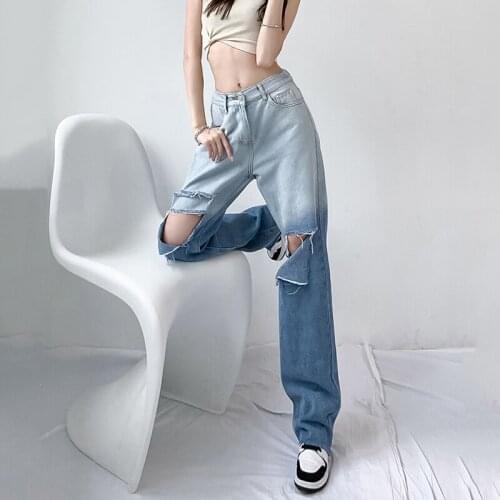 Sexy Holes Jeans Women High Waist Gradient Color Ripped Denim Pants Female Streetwear Trouser Mom Jeans Loose Casual Harajuku