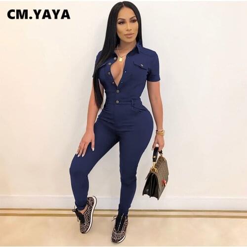 CM.YAYA Short Sleeve Button Up Moto Biker Womens Jumpsuit for Basic Classic High Waist Solid Skinny Active Romper Playsuits