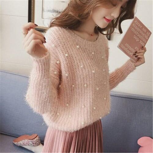 2020 New Pearl Beading O Neck Sweater Sweet Women Pullovers Knit Jumper Long Sleeve Casual Solid Sweater Pull Femme Autumn 926