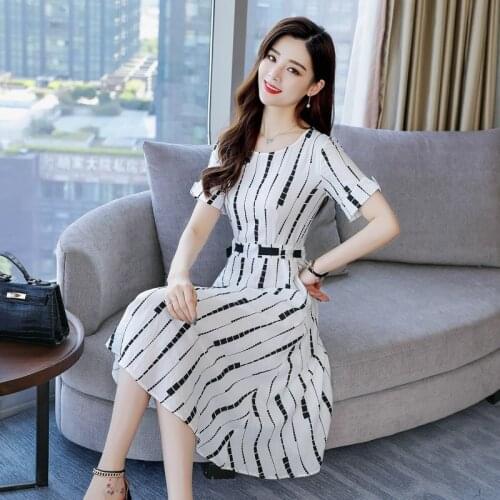 Korean Dress 2019 Summer Dresses For Women Belt O Neck Short Sleeve Dress Midi Long Casual Office Dresses Ladies 2019 DD2114