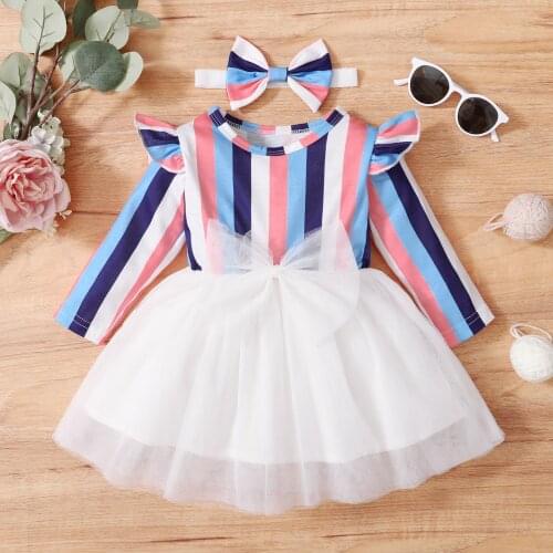 6M-4T Toddler Dress Baby Girl Dress Mesh White Lace Striped Fashion Long Sleeve Princess Spring Autumn Winter Dress