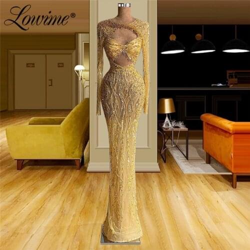 Lowime Hot Sexy See Through Beads Sequins Party Dress 2021 Mermaid Cut-out Design Long Sleeves Prom Dresses Arabic Evening Gowns
