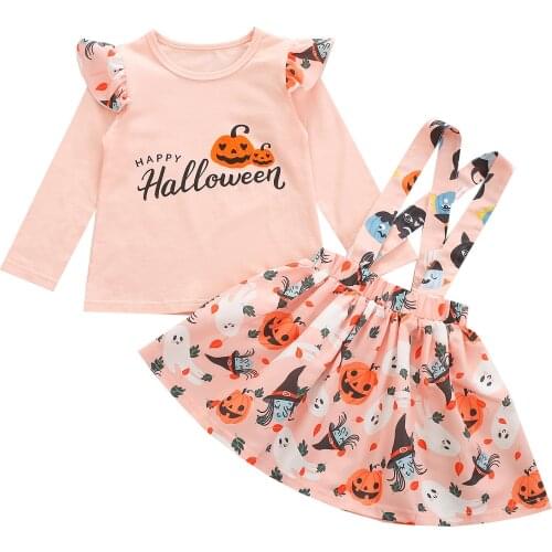 2Pcs Toddler Girls Halloween Outfits, Long Sleeve Letter Pumpkin Print Tops + Suspender Skirt Set 1-6Y