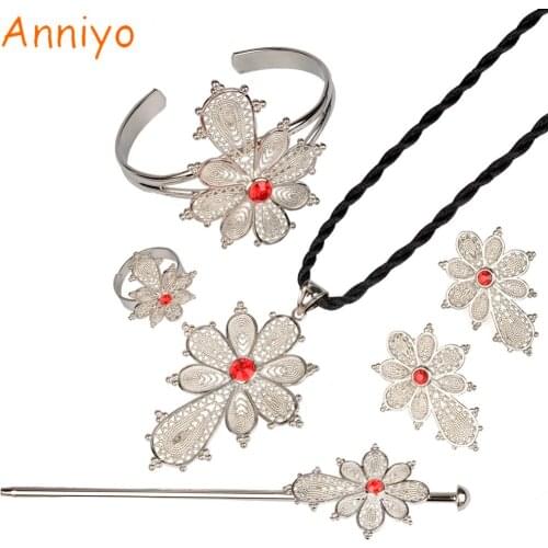 Anniyo Dark Silver Color Ethiopian Cross set Jewelry Pendant Rope/Earring/Ring/Hair Pin/Bangle Habesha Wedding set #061202
