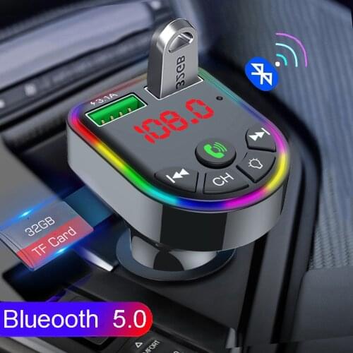 2021 Bluetooth 5.0 FM Transmitter Car Kit MP3 Player Handsfree Ambient Light Audio Receiver 2 USB Fast Charge TF U Disk Playing