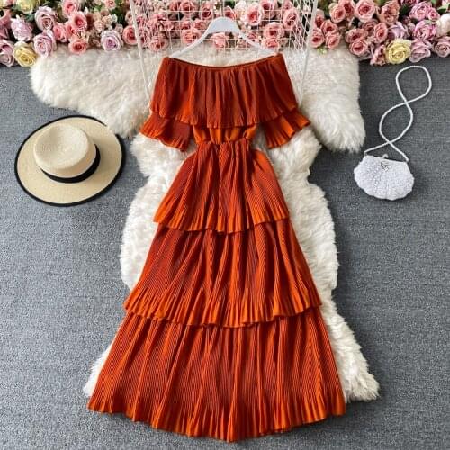 Korean Style Elegant Sexy Slim Fairy Dress Women Fashion Slash Neck Short Sleeve Cake Vestidos Girls Knee-Length Robes LYQ1349
