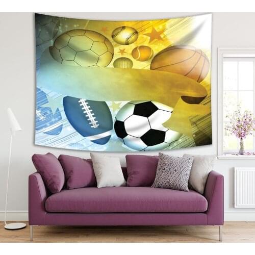 Tapestry Baseball Football Basketball Rugby Sports Balls on Blue Yellow Background Fun Artistic Print
