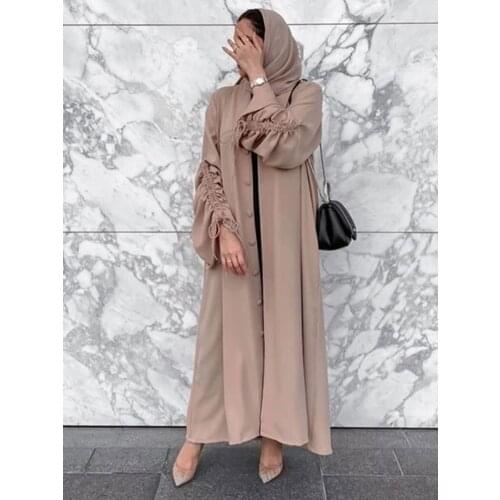 2021 Women Ruched Sleeves Duster Jacket Long Muslim Modest Buttoned Kimono Dubai Abaya Open Front Arabic Outwear Cardigan Caftan