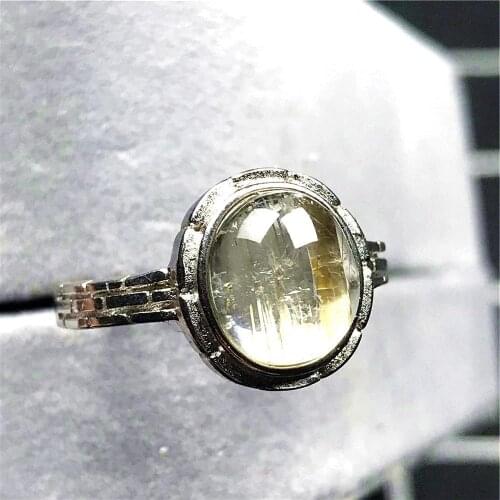 Top Natural Gold Rutilated Quartz Ring Jewelry For Woman Man Crystal 11x9mm Oval Beads Silver Gemstone Adjustable Ring AAAAA