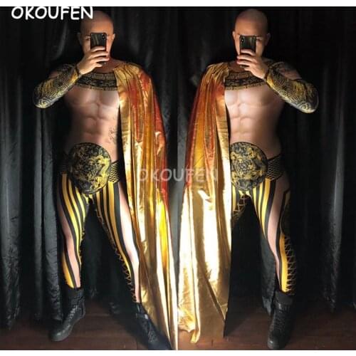 Chinese Style 3D fake muscle golden print tattoo Jumpsuits costume Nightclub male singer ds stage costumes