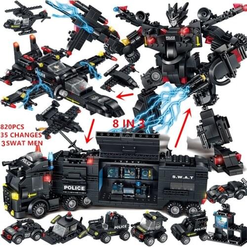 820PCS Boys Xmas Gifts Bricks Police Robot SWAT Truck Transform Education Juguetes Building Blocks Toys for Children Boys 8 In 3