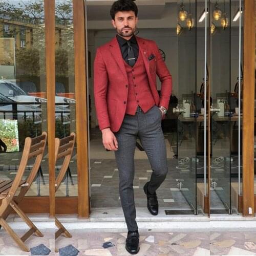 Red Slim Fit Two Pieces Wedding Tuxedos 2 Buttons Notched Lapel Custom Made Mens Business Suit Sets