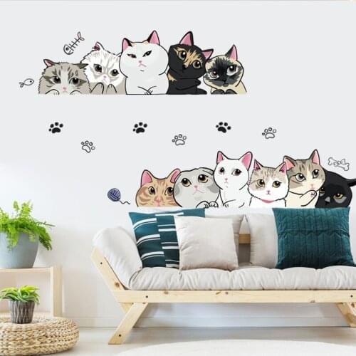 Creative Cute Cats Wall Stickers for Kids Room Bedroom Decor Art Wallpaper Cartoon Kitten Home Decoration for Living Room
