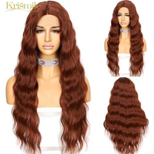 Krismile T-Part Lace Front 340# Ginger Water Wave Middle Part Synthetic Wigs for Women High Temperature Party Cosplay Daily