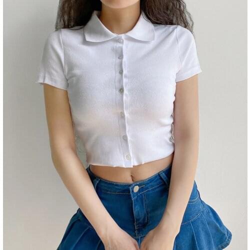 Simple Slim Polo Collar Knitted Short Sleeved Crop Tops Women Summer Anime Harajuku Lace Single Breasted Plus Size Cardigan 2021