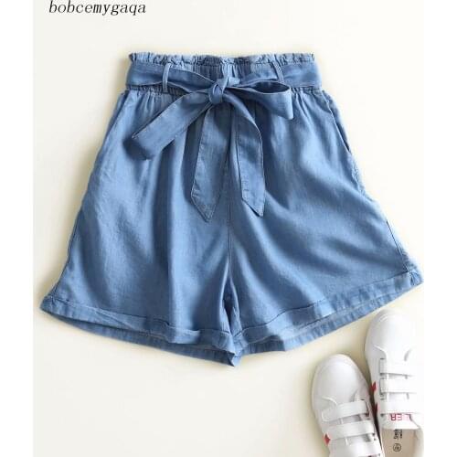 Summer women denim shorts sexy casual hot jeans shorts elastic waist lace up with belt bow pocket light blue loose shorts