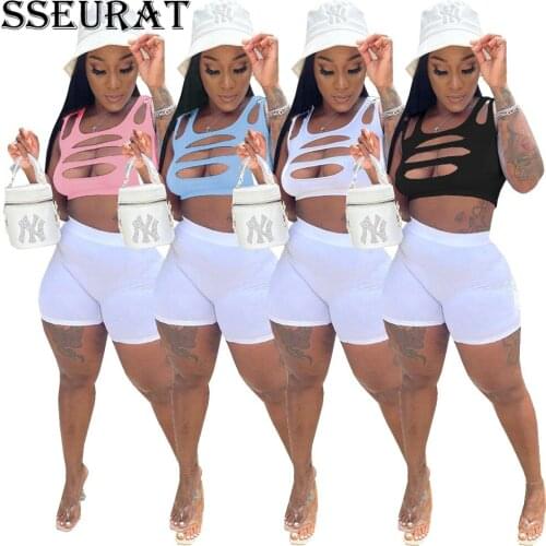SSEURAT Summer 2021 New Womens Sexy Suit Solid Color Hollow Sleeveless Top + Shorts Leisure Sports Two Piece Sets
