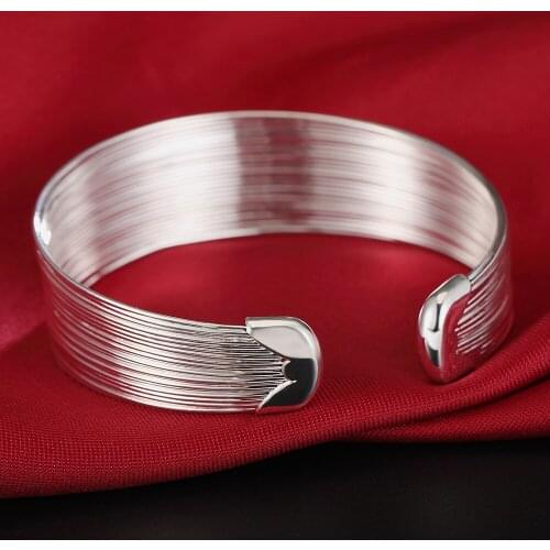 Hot 925 Sterling Silver cuff Bracelets for Women Vintage elegant lines bangles Fashion Wedding Party Jewelry Christmas Gifts